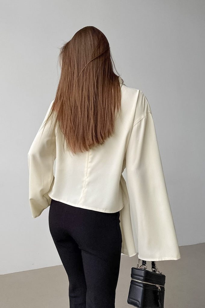Chiffon Tie Waist Stand Collar Long Sleeve Tee