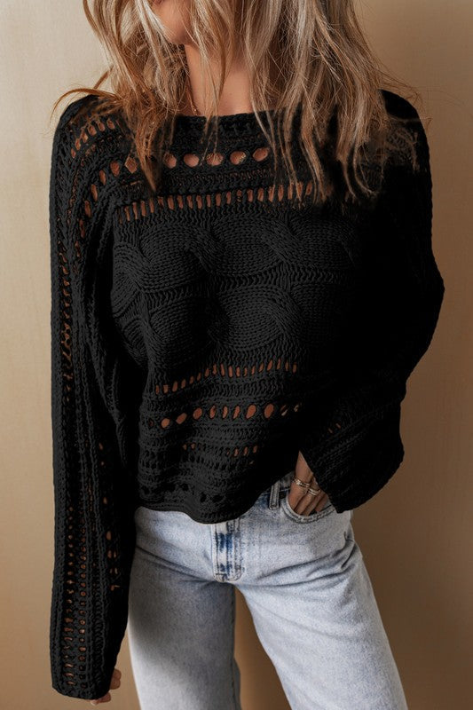 Sonia | Gray hollow out cropped cable knit sweater
