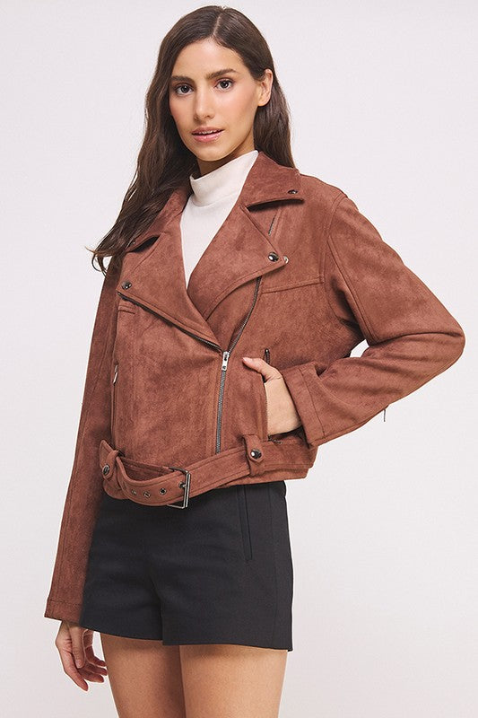 Ester | PLUS LONG SLEEVE SUEDE MOTOR JACKET WITH BELT AND ZIPPER