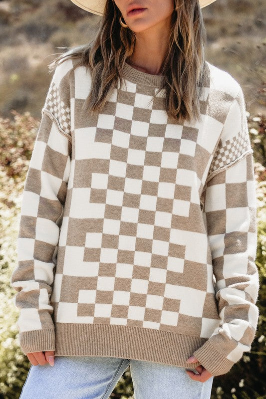 Petra | Checked crew neck sweater with dropped shoulders