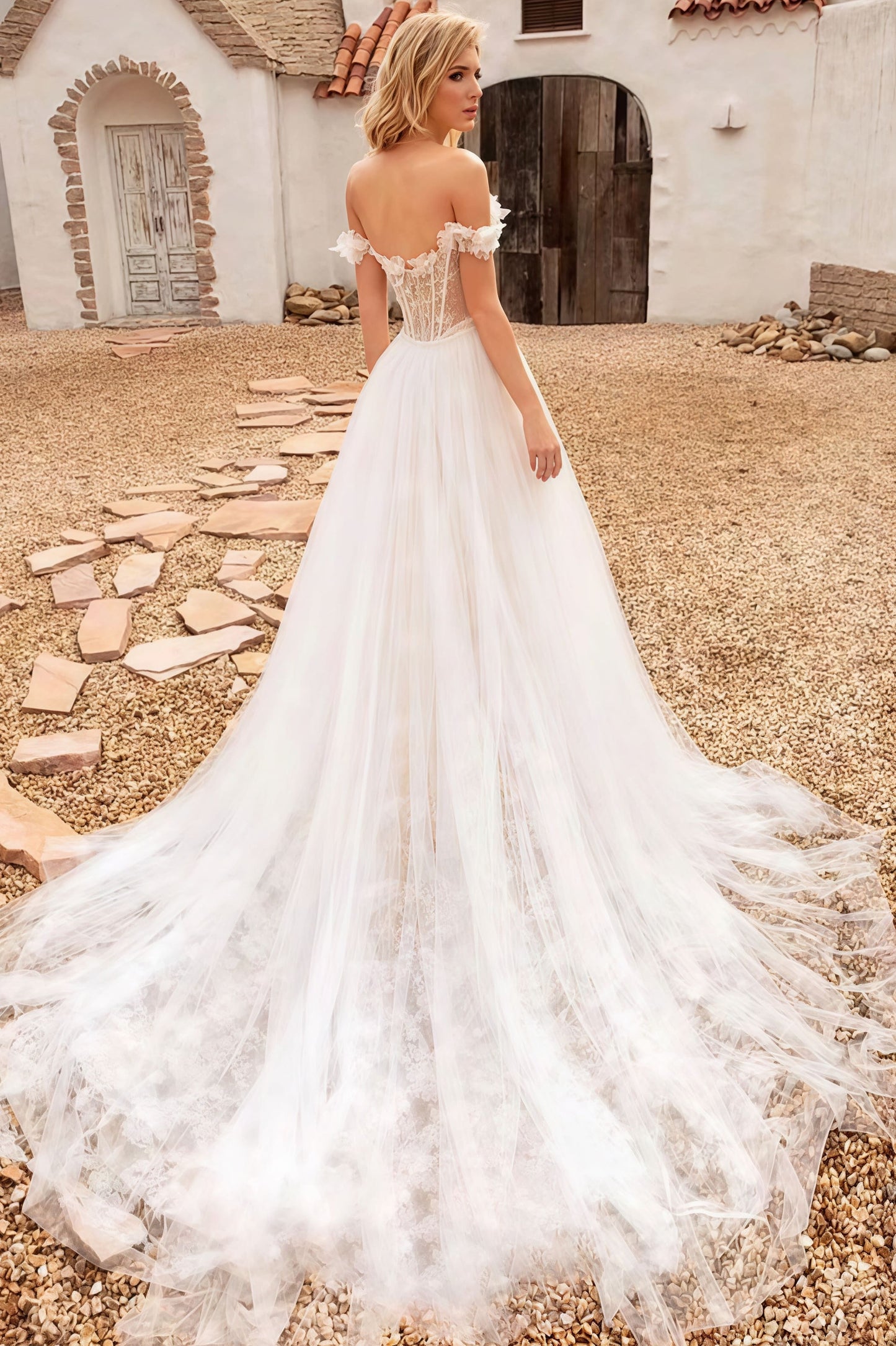 Off Shoulder Lace Applique Boned Wedding Dress