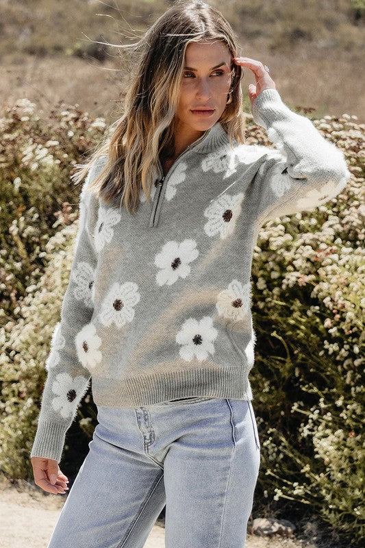 Estela | Women's floral print sweater with zip and dropped shoulder