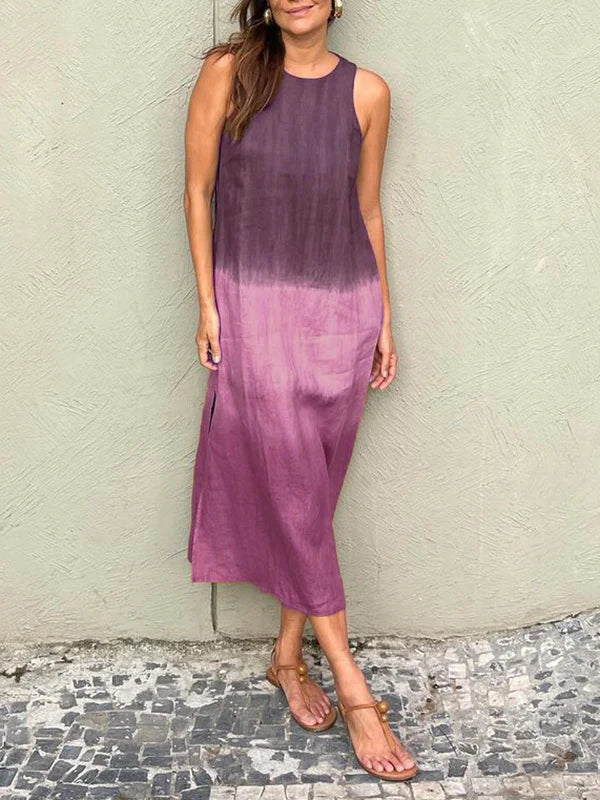 Melanie® | Sleeveless Cotton And Linen Long Dress With Slit And Gradient Tie-Dye