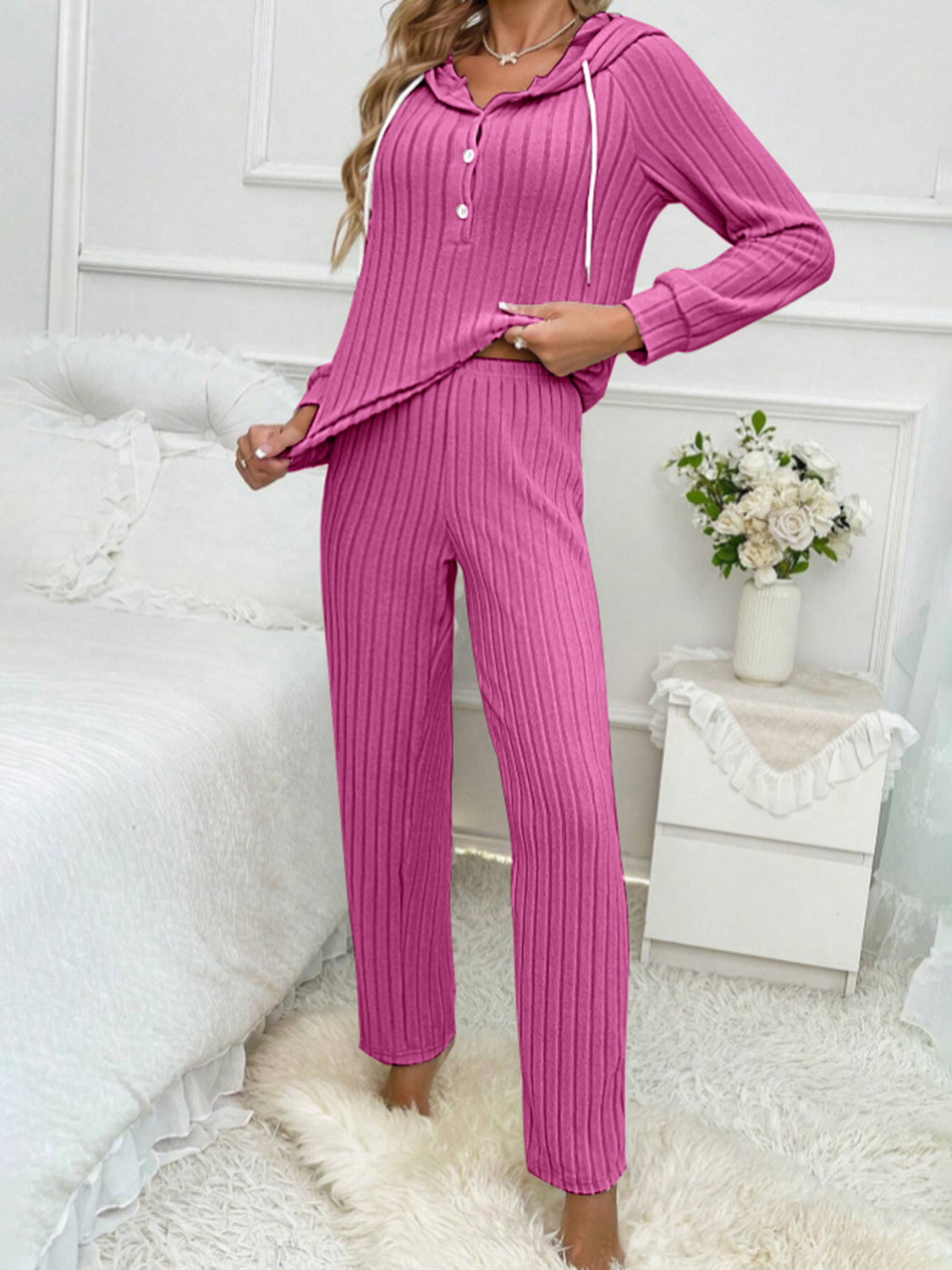 Ilona | Hooded top and ribbed drawstring half button pants set
