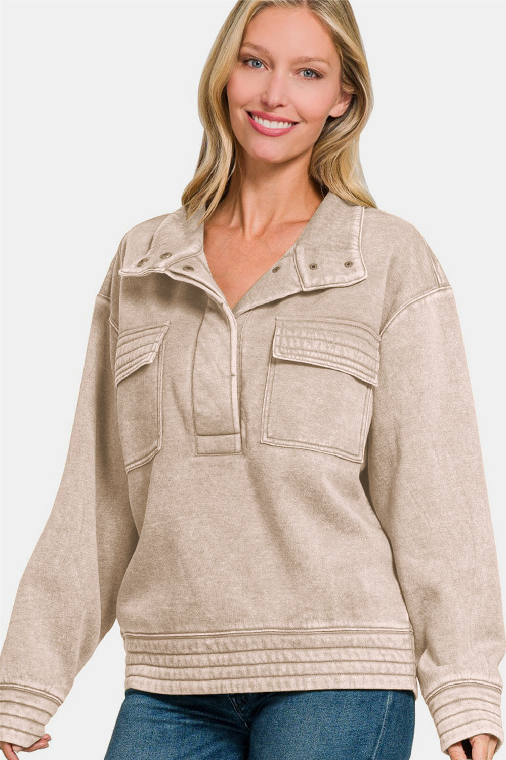 Adriana | Zenana Acid Washed Half Snap Fleece Sweatshirt