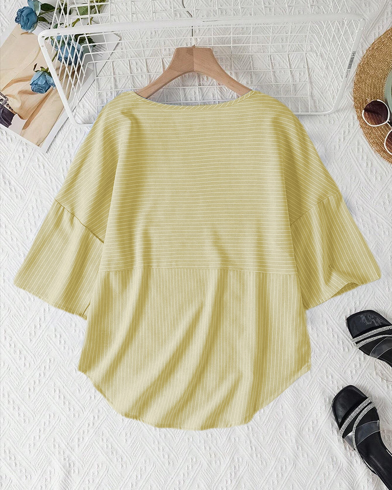 Nayla® | Casual Striped Loose Fit Button-Front Blouse For Women. Striped Blouse With Round Neck And Half-Length Sleeves.