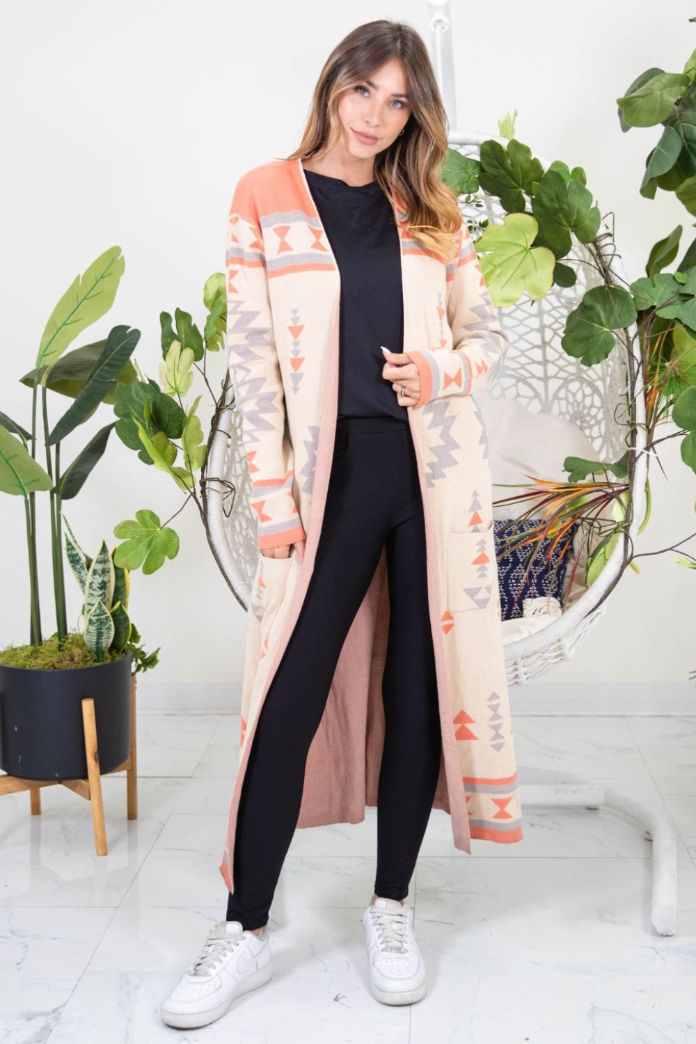 Esther | Sew In Love Long Sleeve Open Front Geometric Longline Cardigan