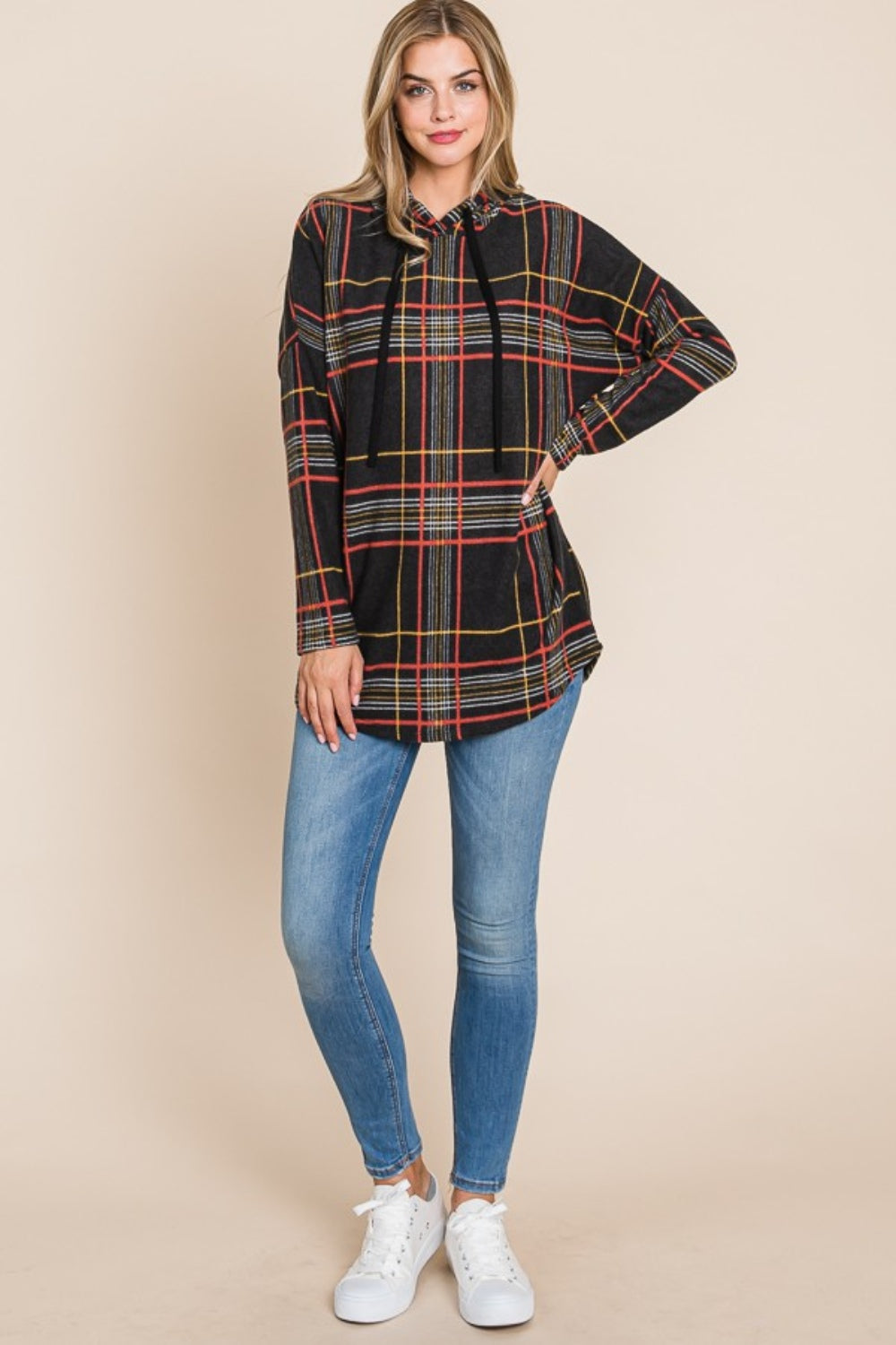 Jacqueline | Drawstring hoodie with check pattern and long sleeves