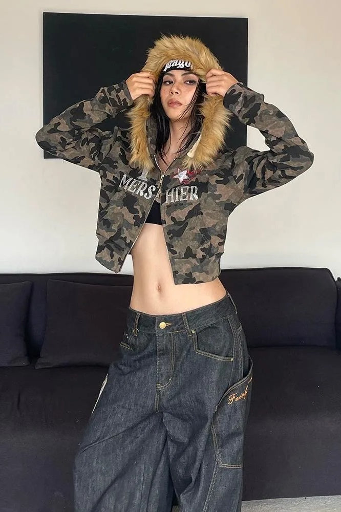 Camo Embroidered Zip Hoodie