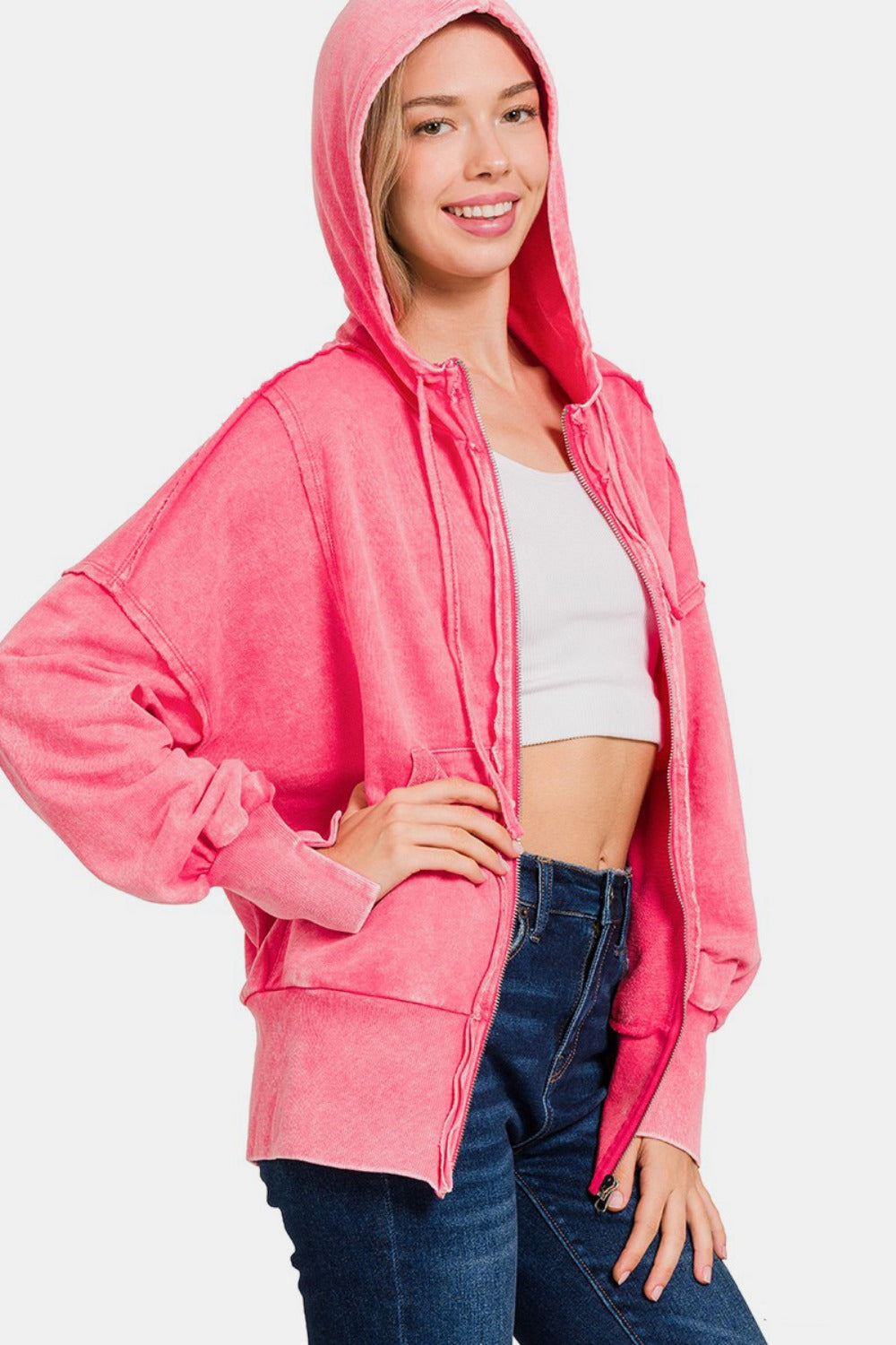 Raquel | Acid-washed French terry zip-up hoodie with pockets