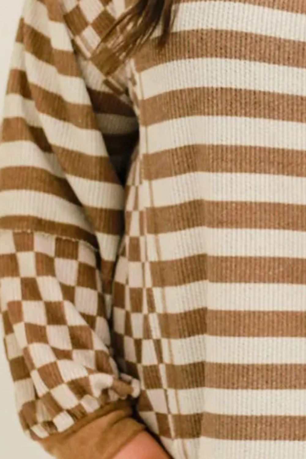 Victoria | Plus size striped check long sleeve top with round neckline