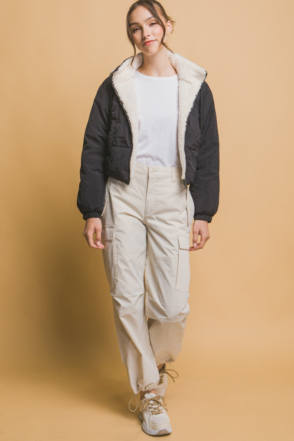 Laura | Love Tree cropped reversible hooded zip-up sherpa jacket