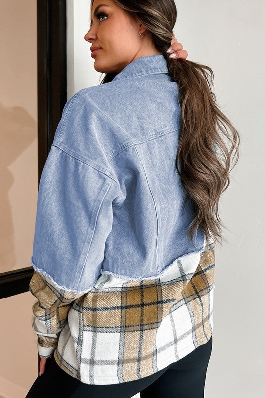Catalina | Oversized plaid patchwork denim jacket with buttons