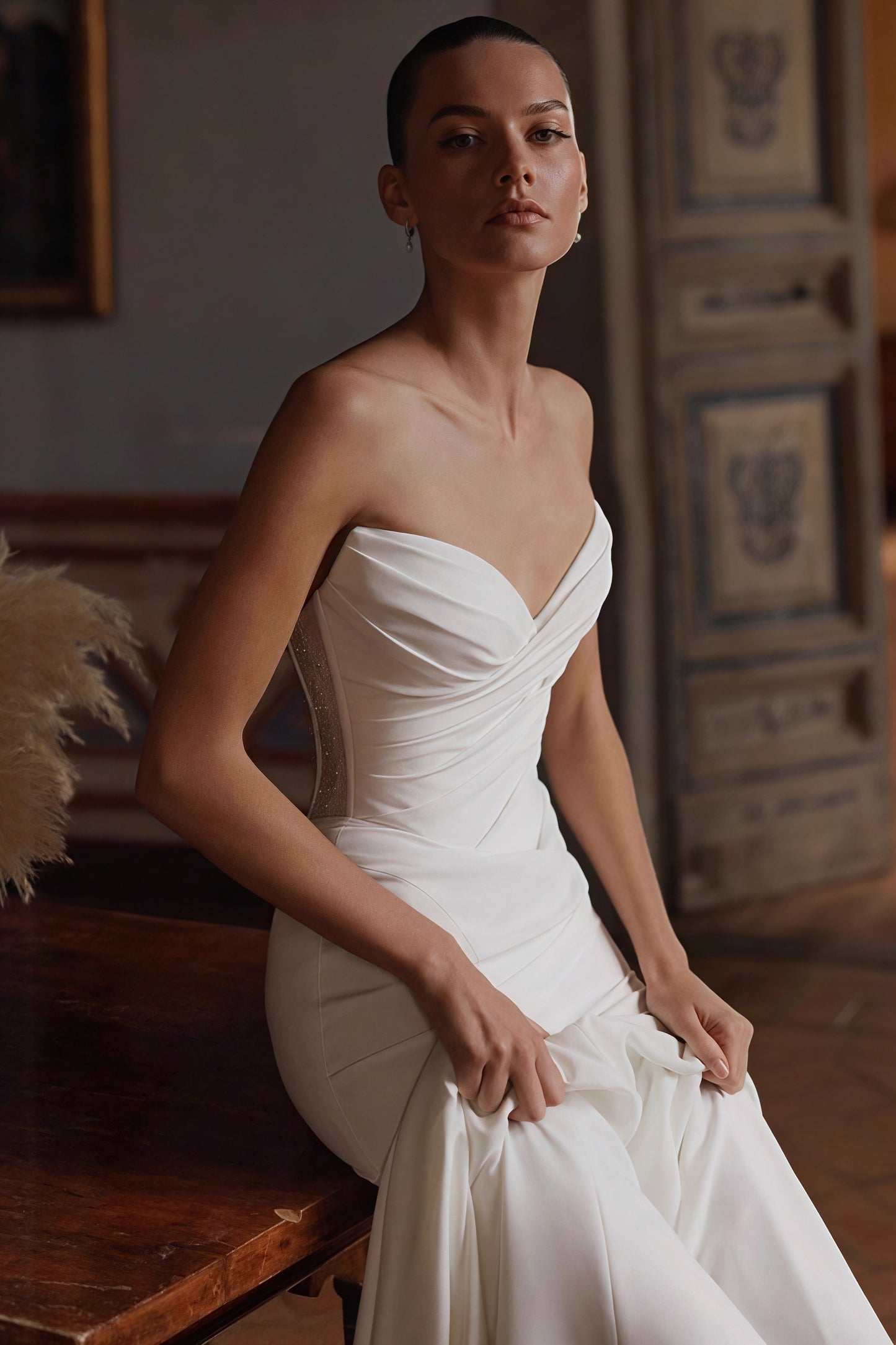 Simple Deep V Strapless Mermaid Train Wedding Dress