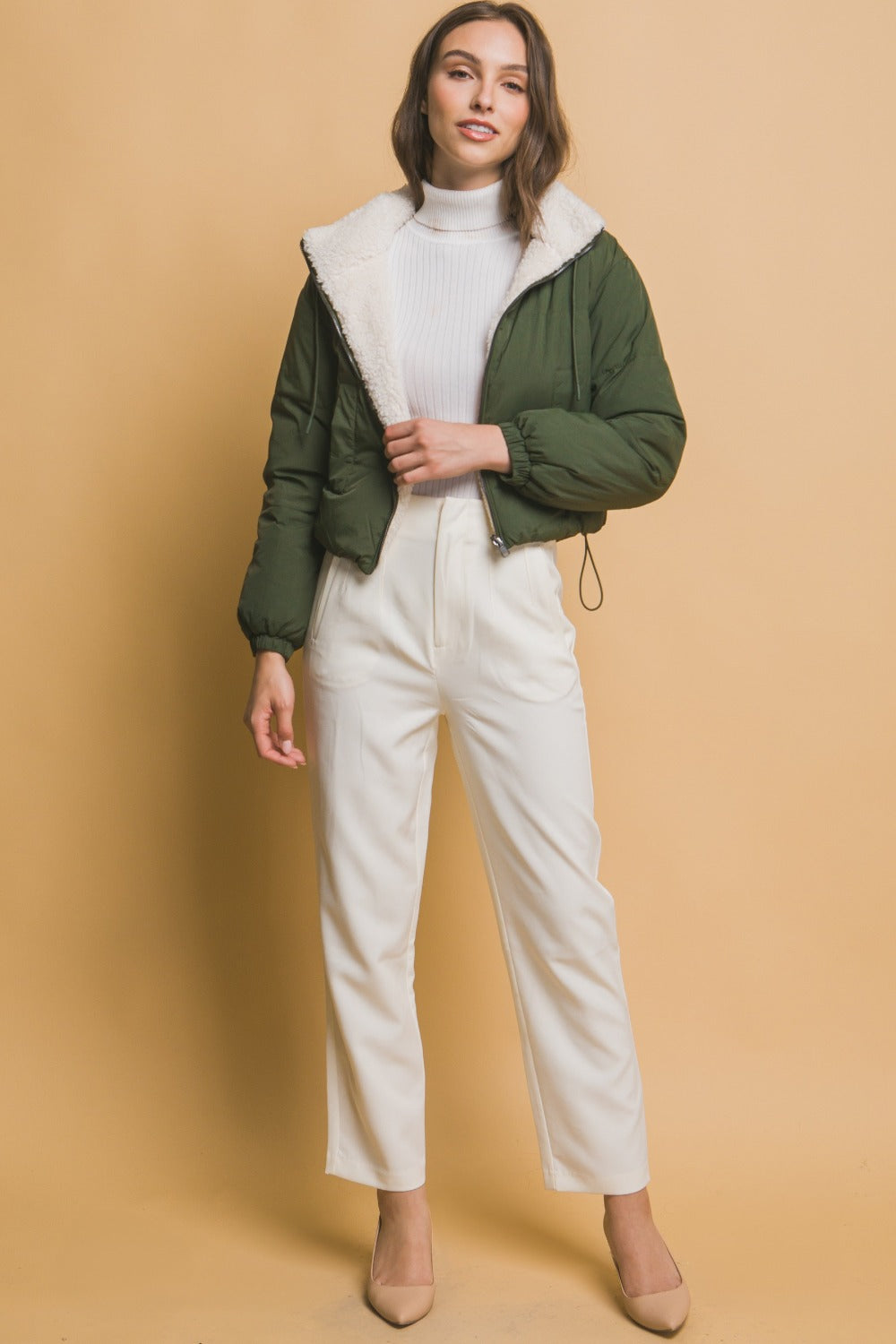 Kimberly | Love Tree cropped reversible hooded zip-up sherpa jacket
