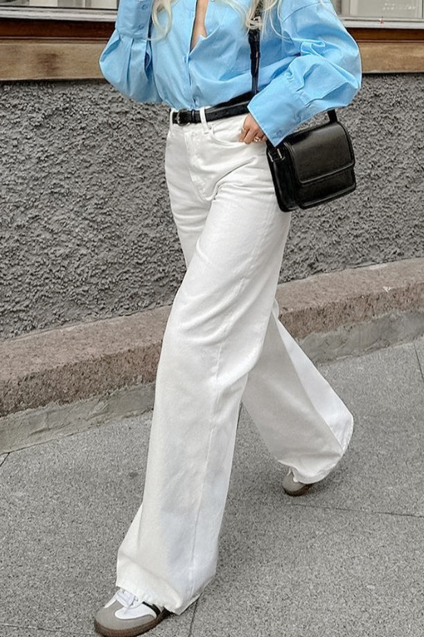 White Cotton Twill High Waisted Straight Leg Jeans