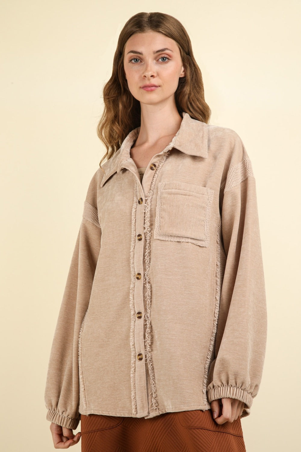 Josefina | Mixed media button-down jacket with raw hem