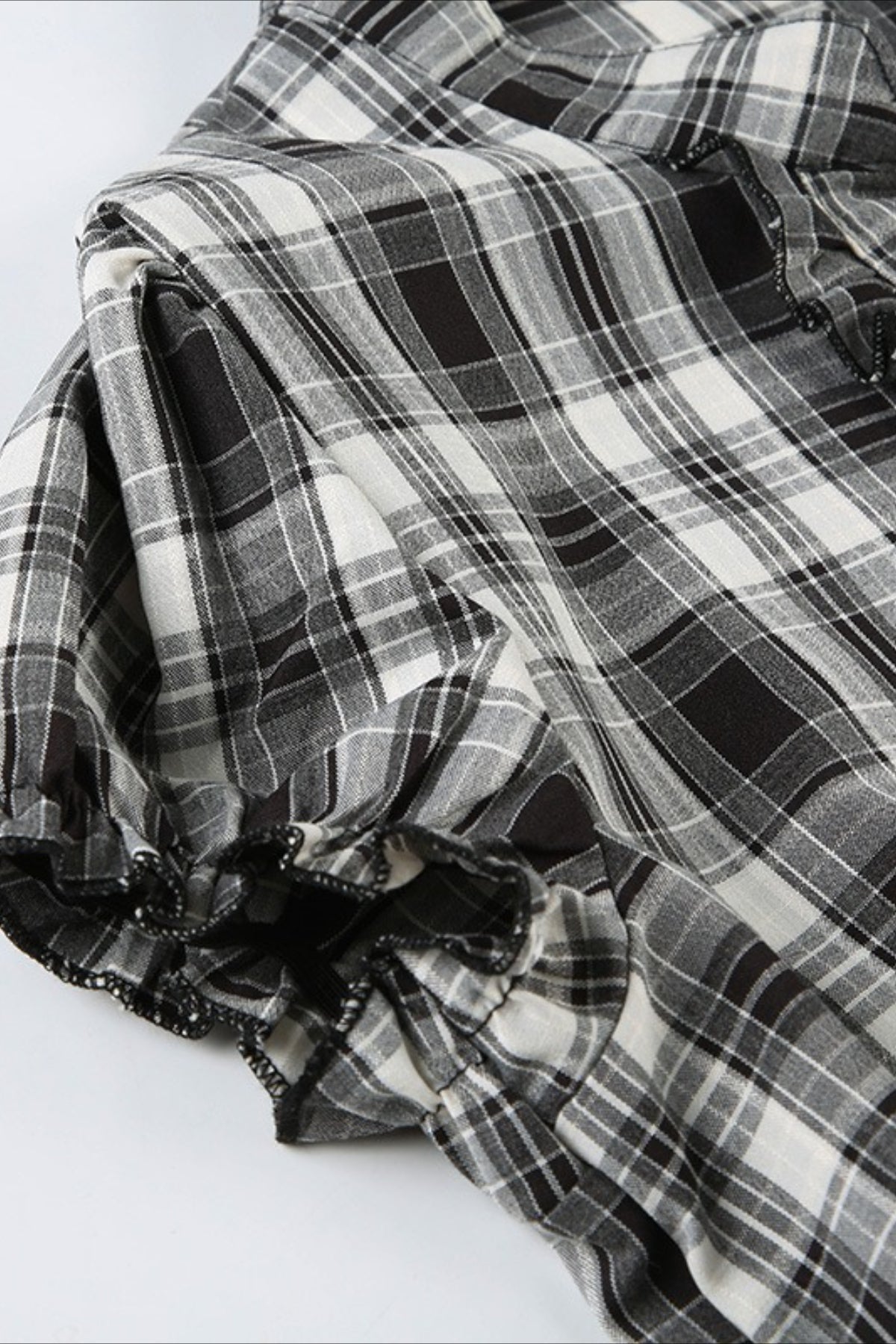 British Plaid Ruffled V Neck Puff Sleeve Blouse