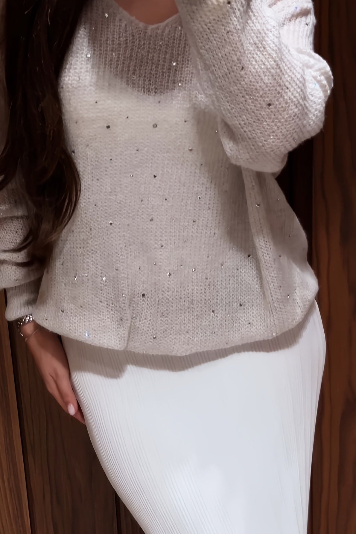 Rhinestone White V Neck Long Sleeve Knit Blouse