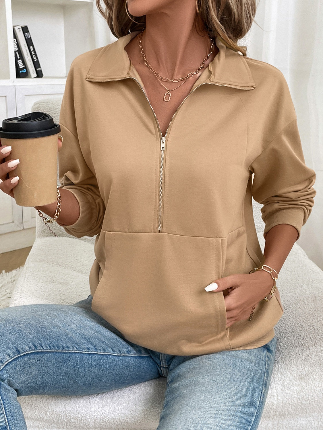 Carmen | Long sleeve half zip sweatshirt with kangaroo pocket