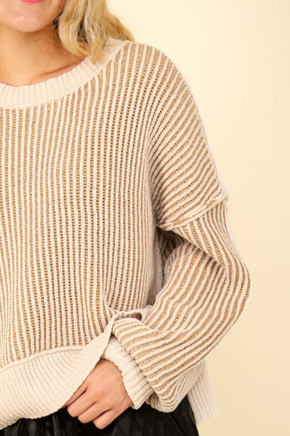 Leticia | VERY J sweater with exposed seam and short, striped slits
