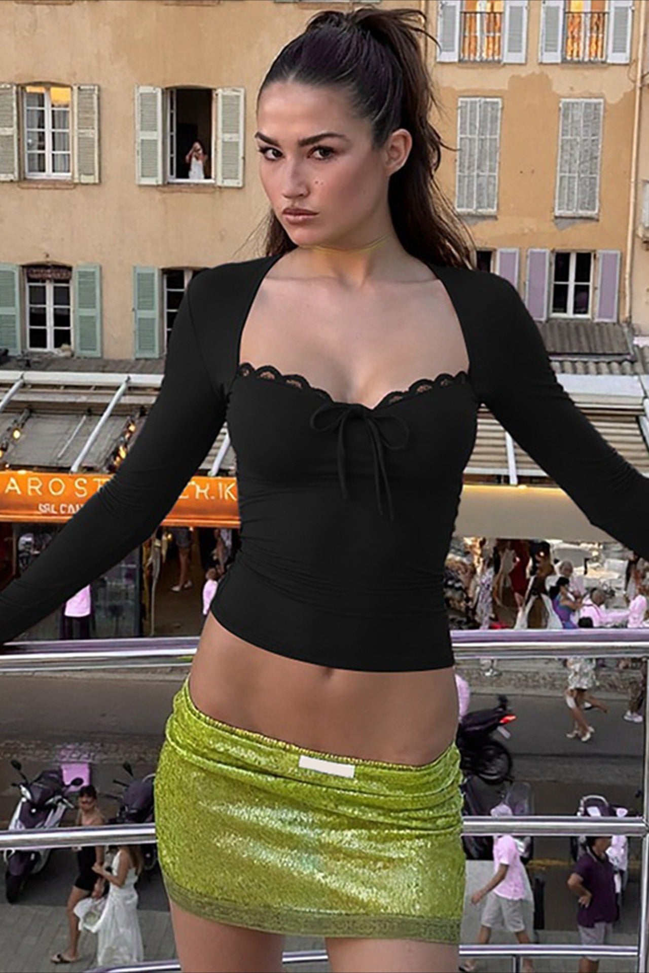 Sexy Lace Patchwork Slim Fit Long Sleeve Tee