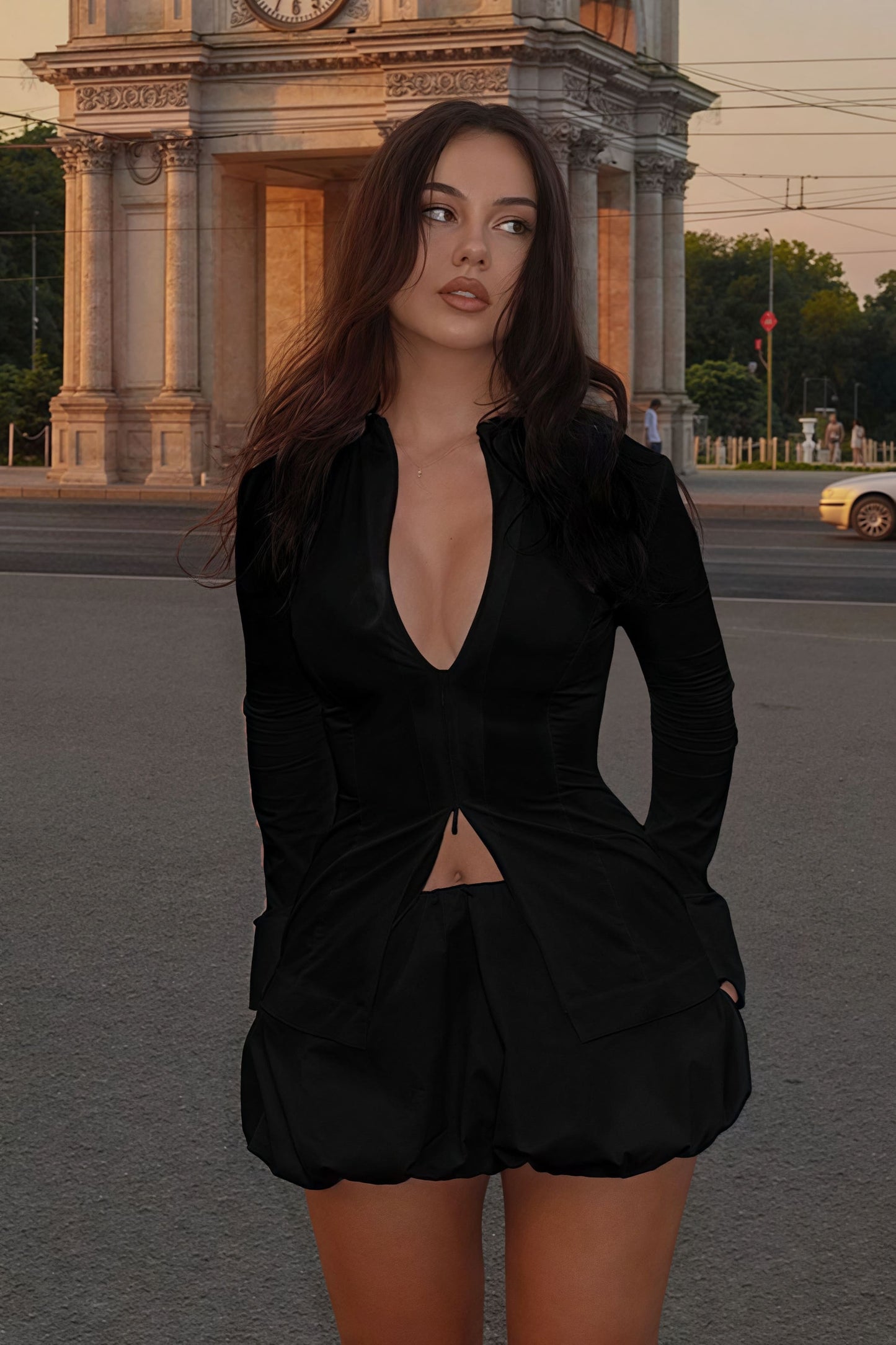 Stylish Solid Stand Collar Zipper Slim Long Sleeve Skirt Set