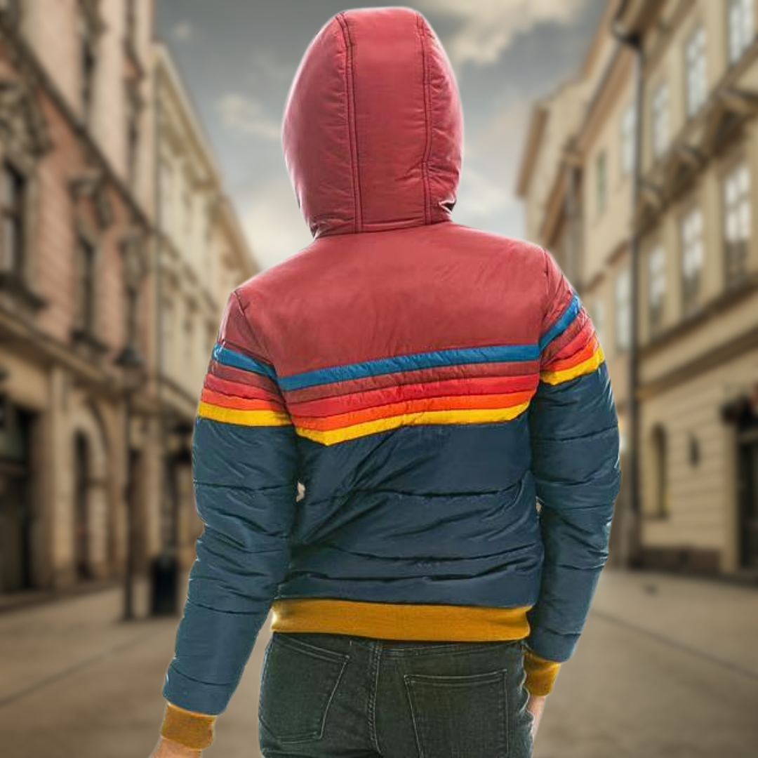 Luisa | Retro quilted jacket with bold color accents and stripes