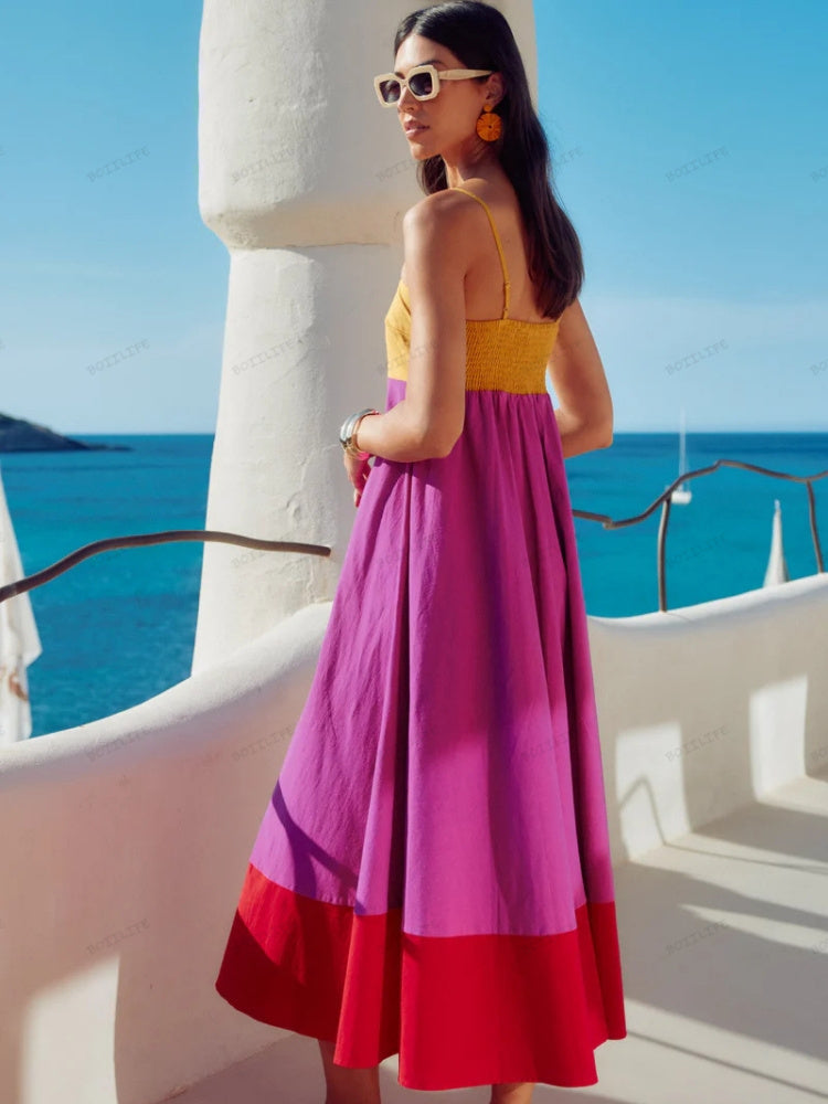 Selena | Chic Color Block Spaghetti Strap Dress for Summer Elegance