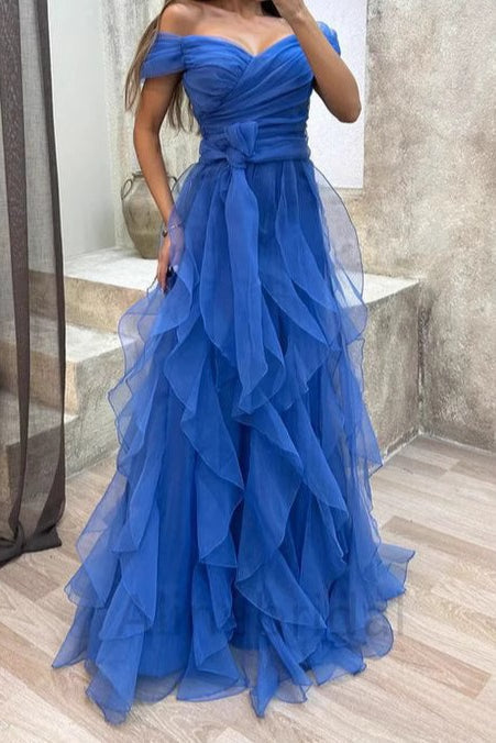 Solid Off Shoulder Tulle Gown Formal Dress