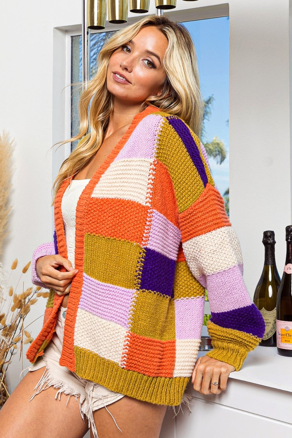 Pink | Checked color block sweater cardigan
