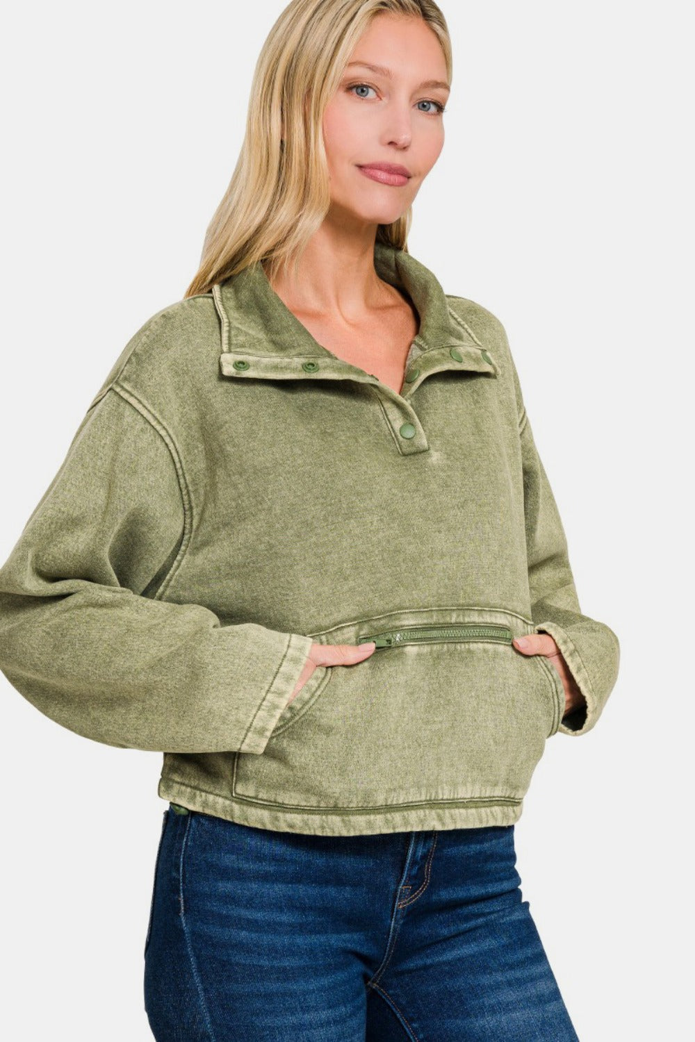 Greta | Acid wash fleece half-snap sweatshirt with pocket