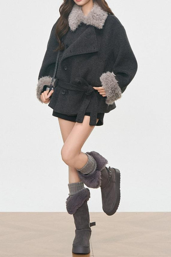Vintage Fur Collar Fur Cuffs Short Woolen Coat