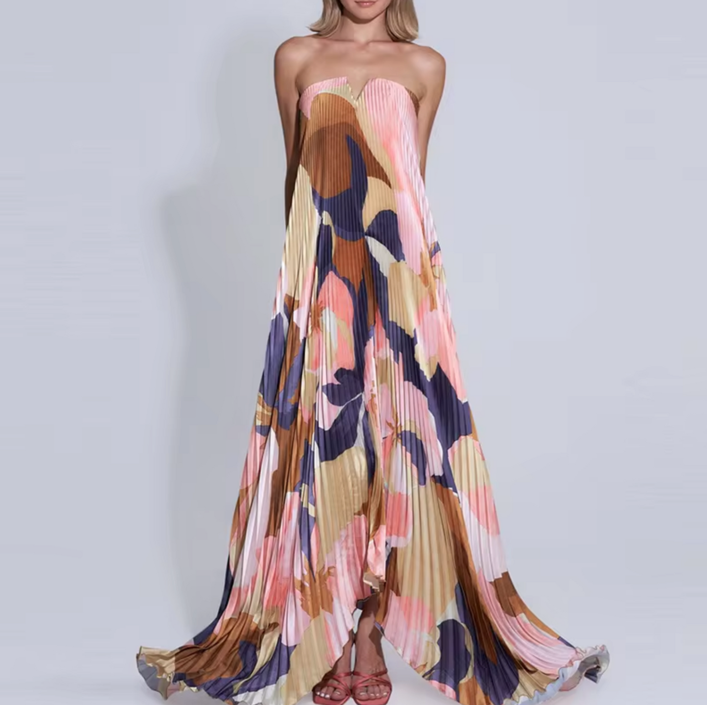 Silvana® | Floral Strapless Pleated Long Dress
