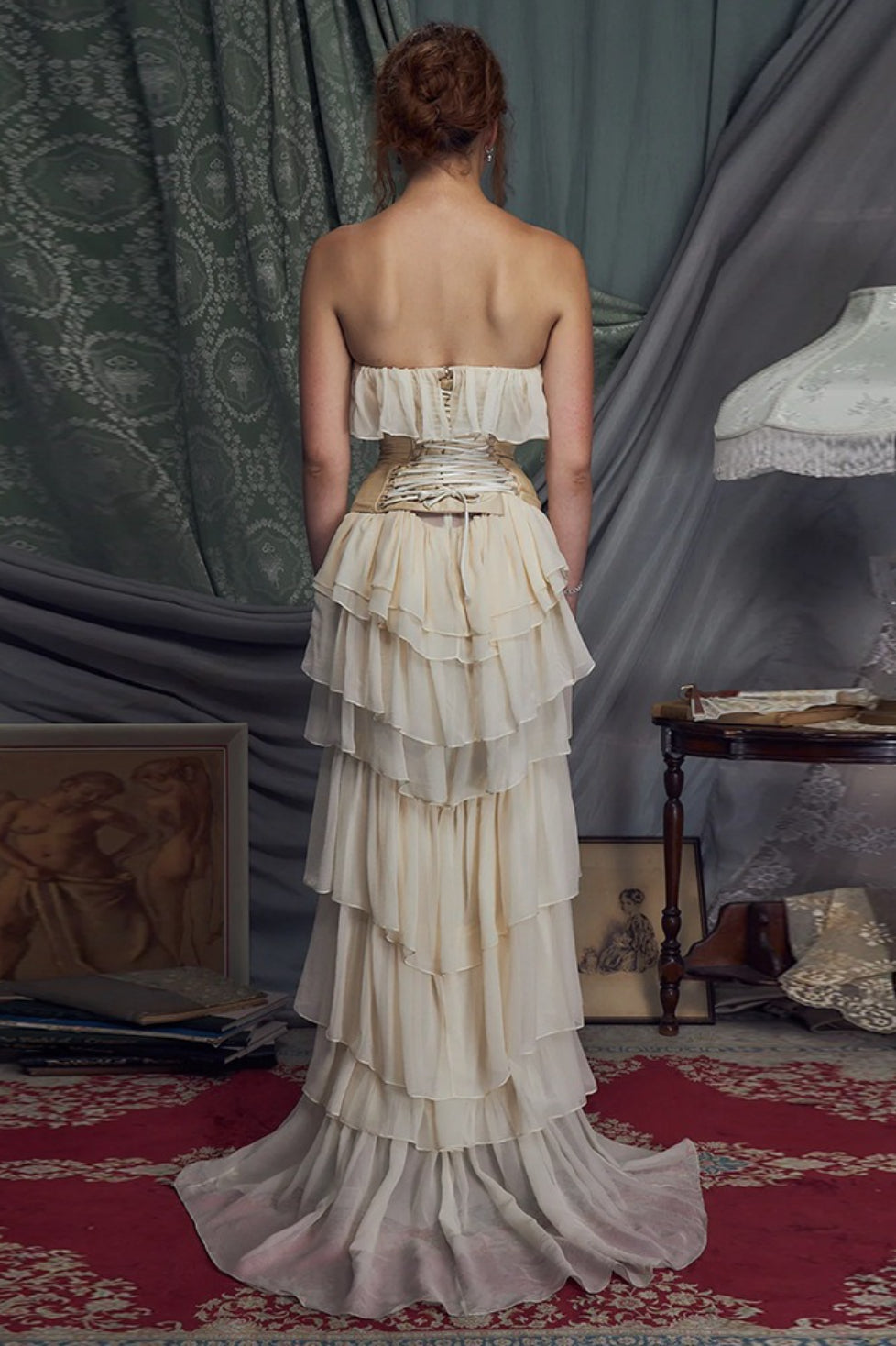 Two Piece Palace Style Strapless Tie Waist Belt Tiered Prom Dress