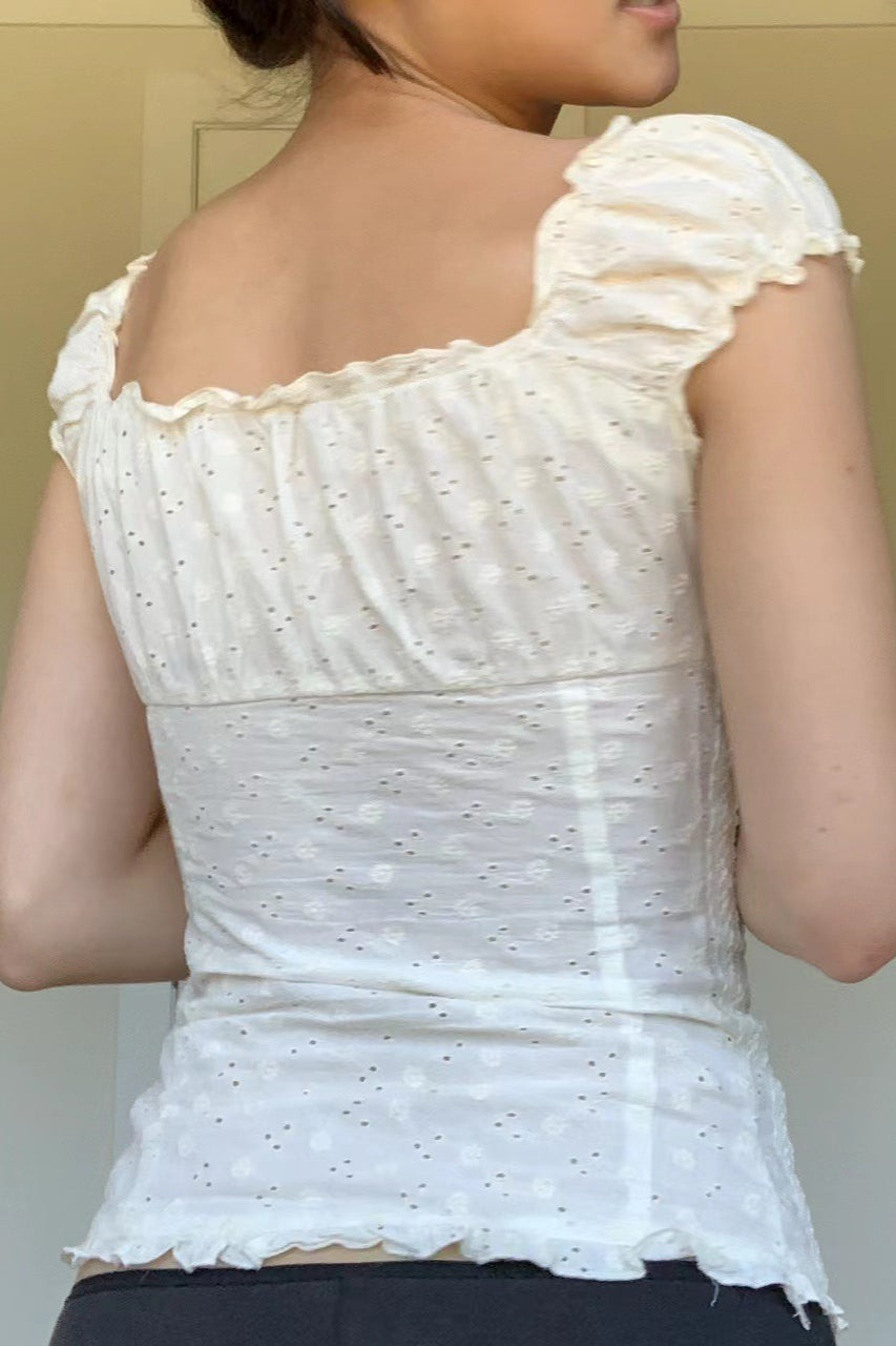 Ruched Low Neck Button Ruffled Lace Tank Top