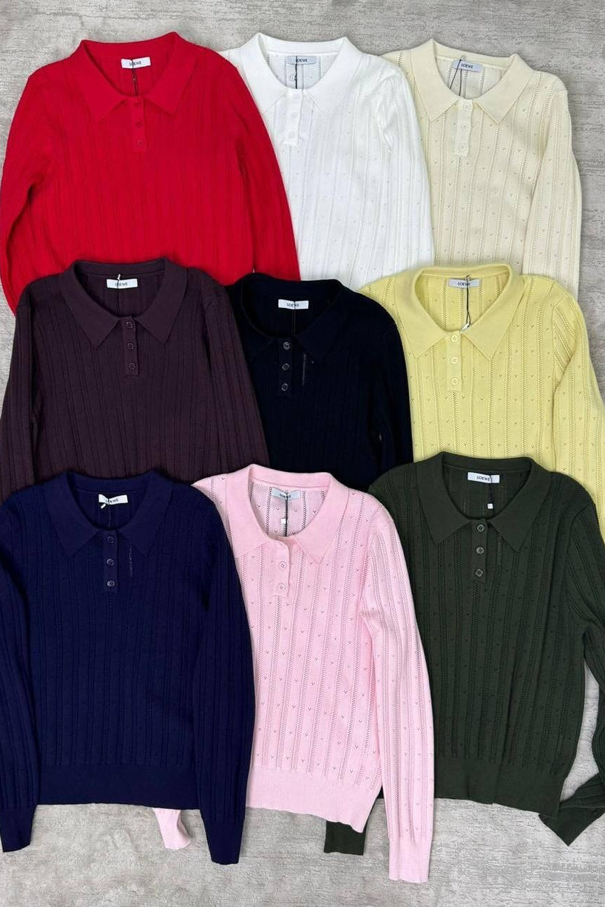 Jacquard Polo Collar Long Sleeve Loose Blouse