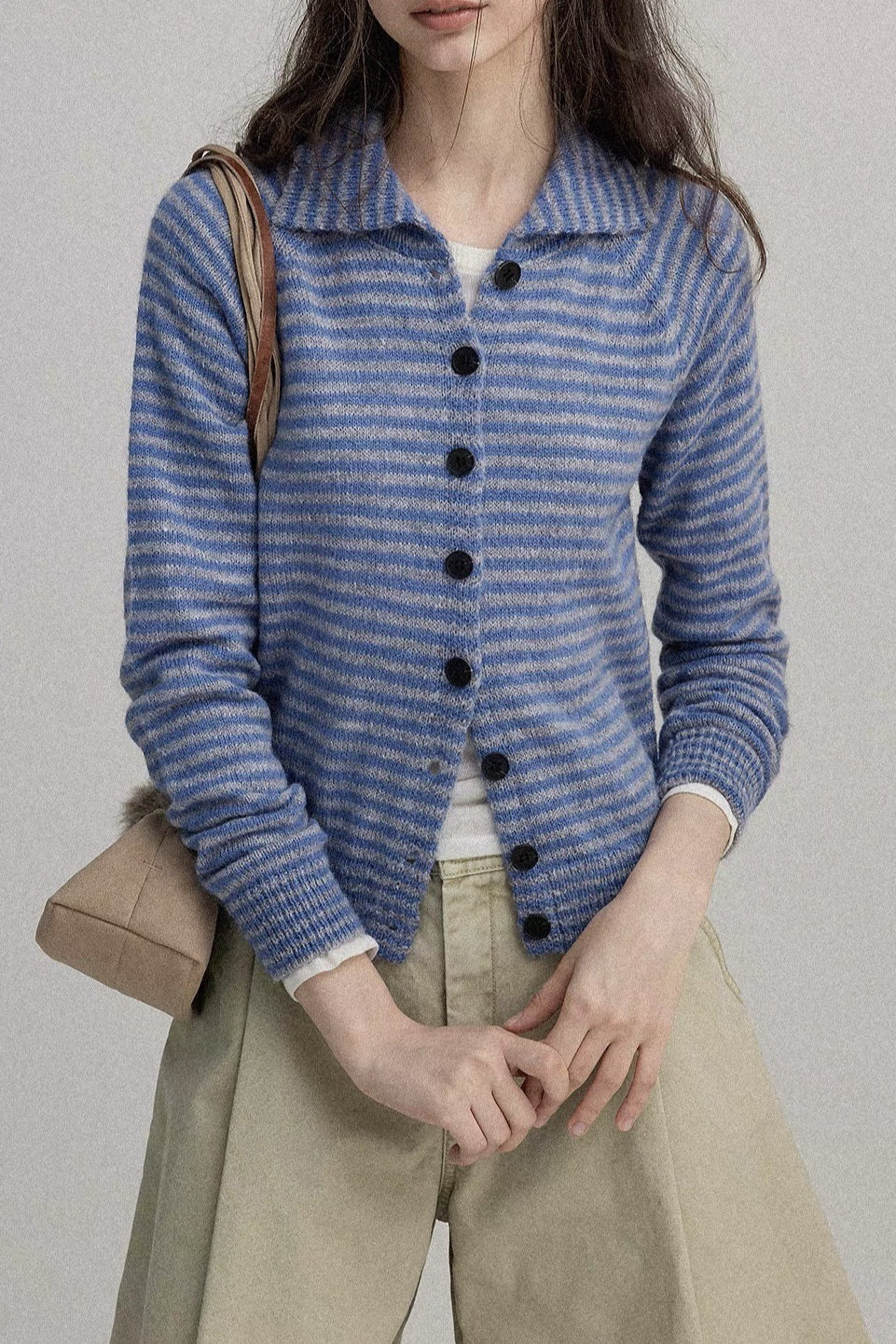 Color Block Striped Fitted Wool Knit Cardigan