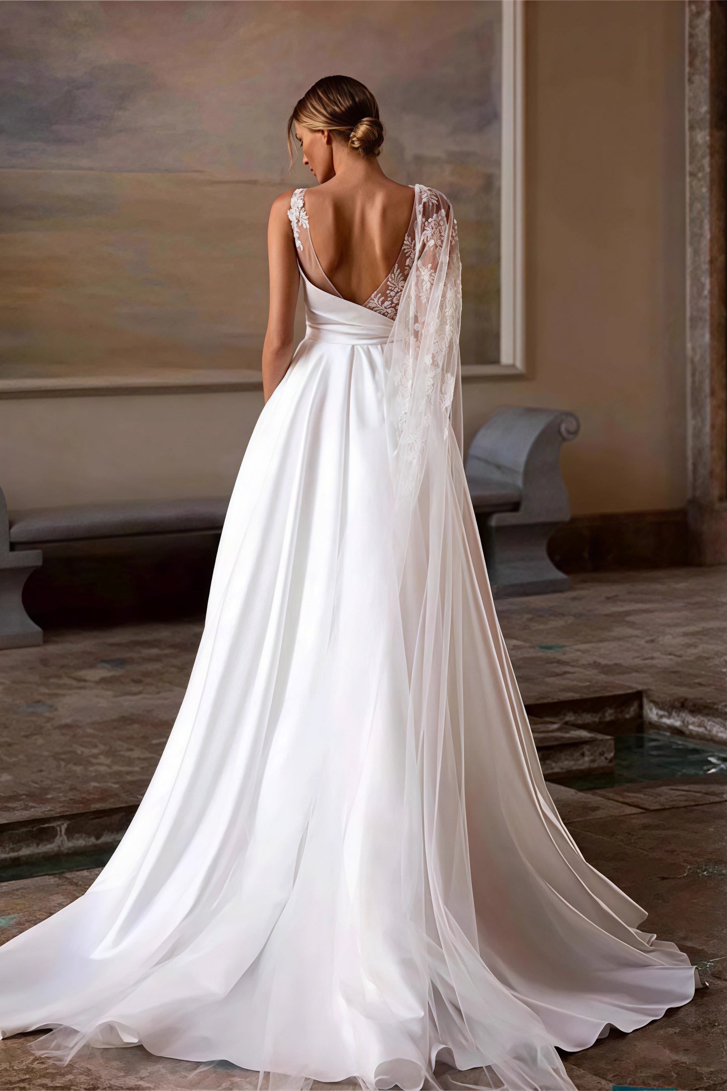 Simple Asymmetrical Shoulder Mesh Applique Train Wedding Dress
