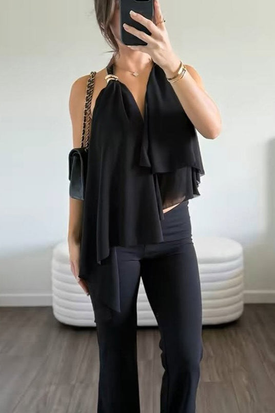 Mesh Asymmetrical Solid Halter Cami Top