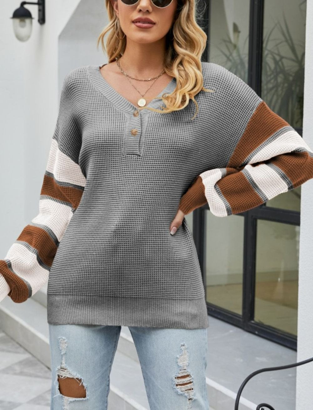 Alba | Women's color block button knit sweater