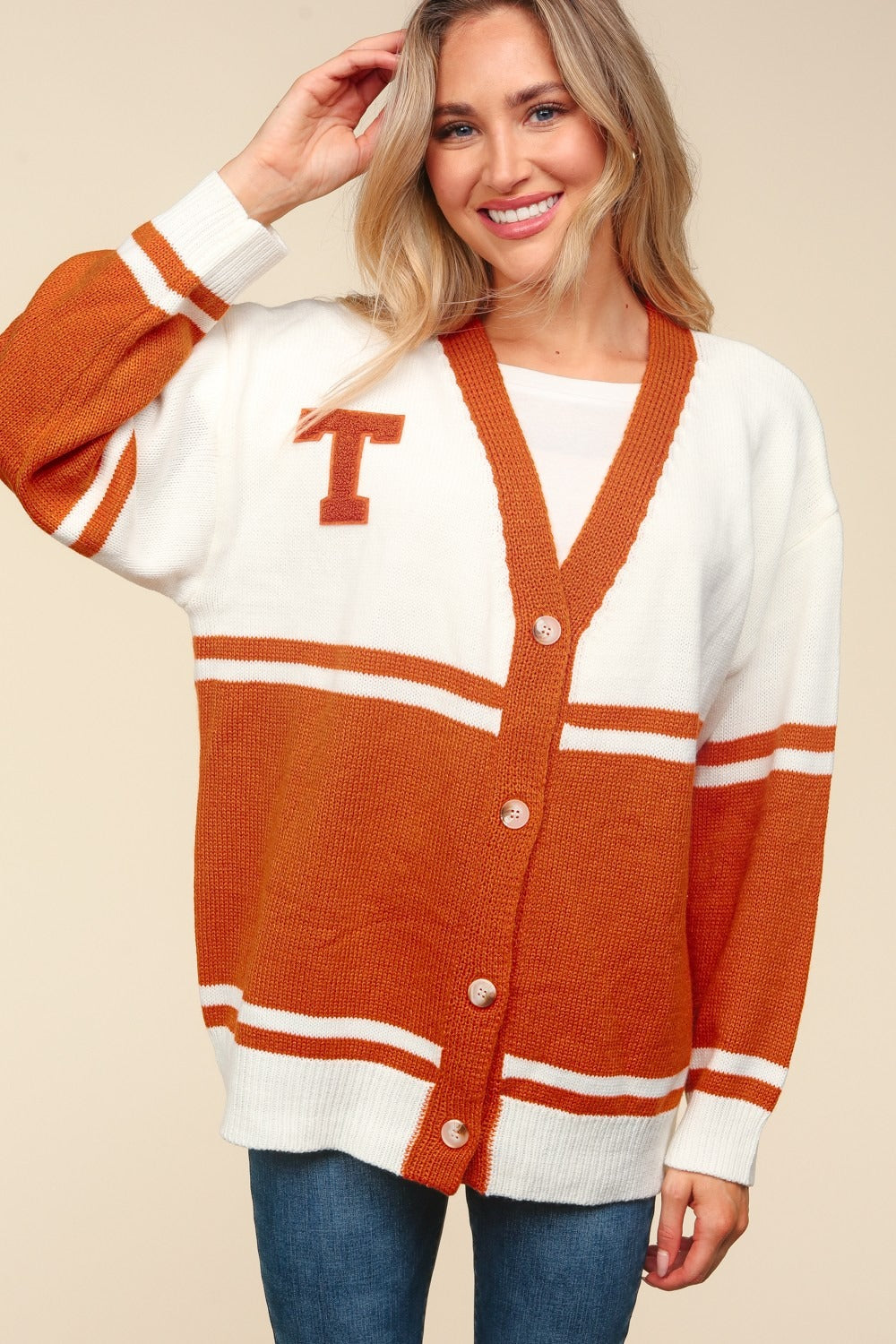 Raquel | Haptics full size cardigan with V-neck, button placket and letter patch