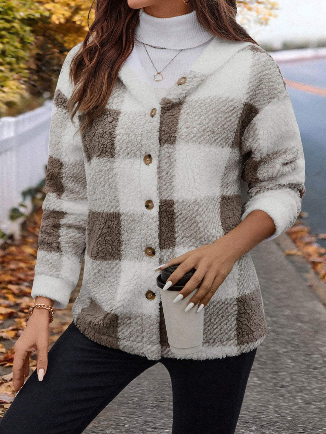 Ursula | Fluffy checked hooded jacket with buttons