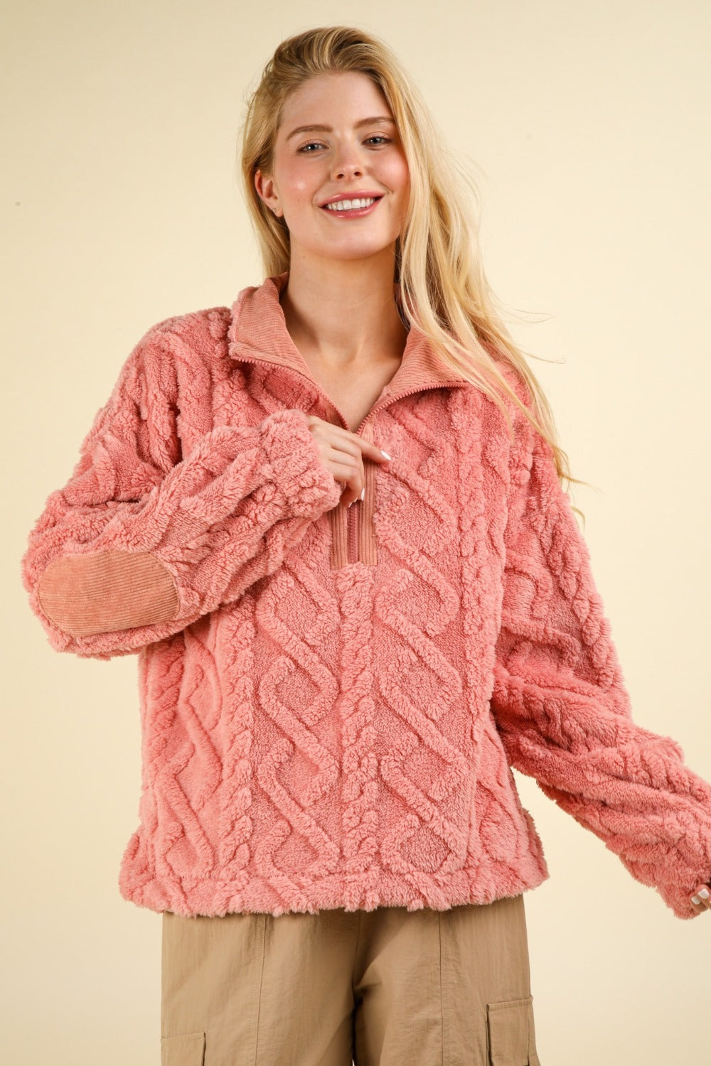 Eva | Fluffy cable knit fleece half zip sweatshirt