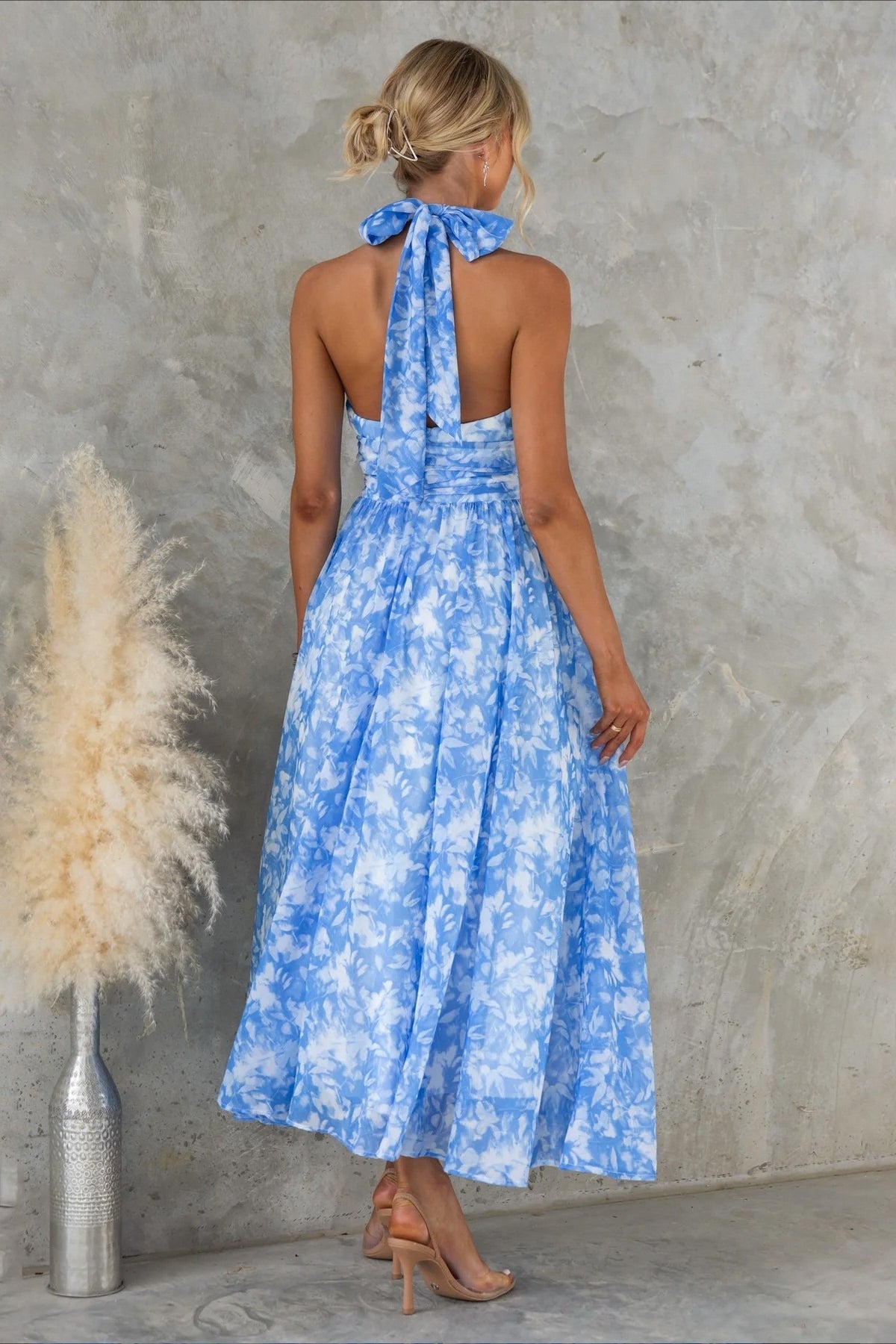 Sleeveless Floral Halter Backless Midi Dress