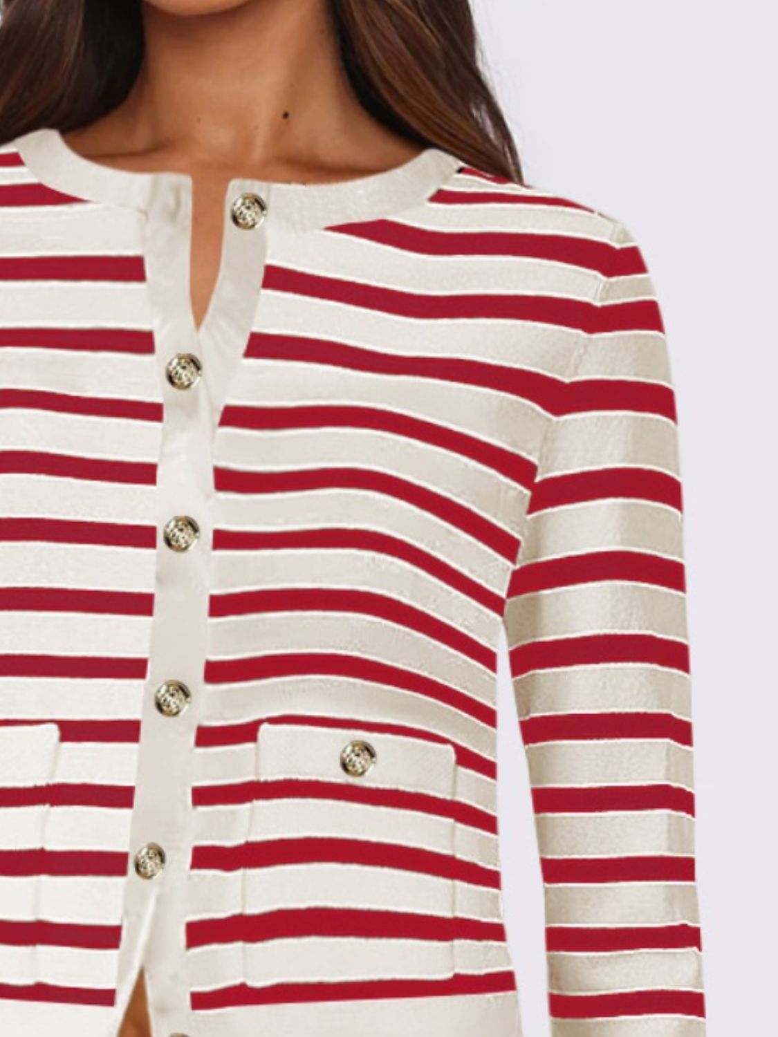 Gabriela | Striped, long-sleeved cardigan with button placket and crew neck