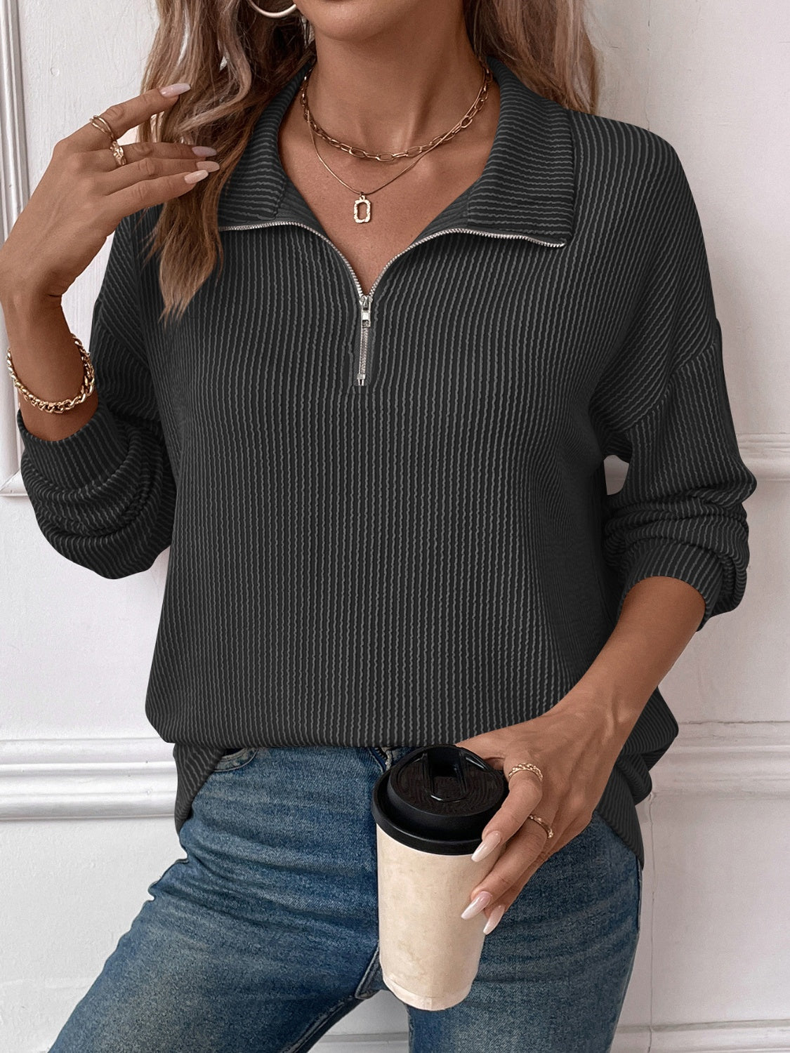 Josefina | Double Take striped long sleeve half zip t-shirt