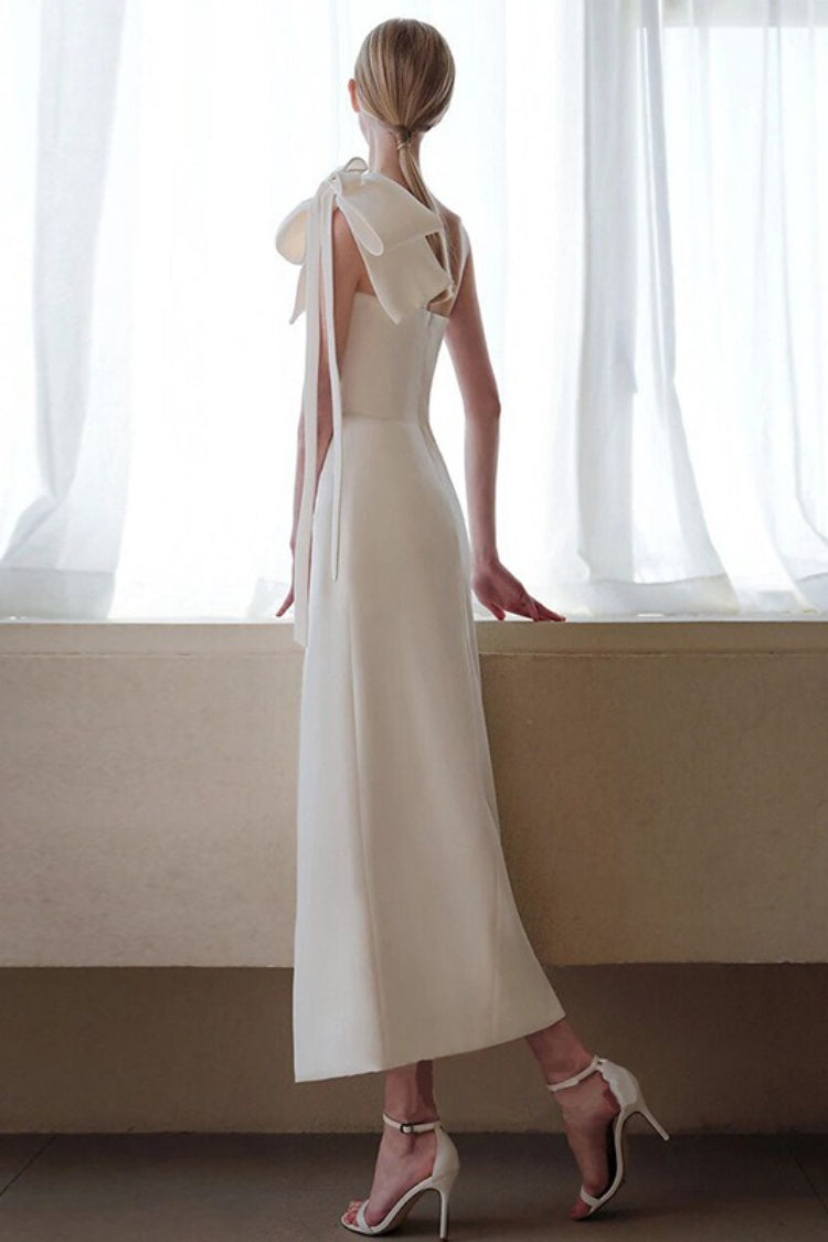 Satin Minimalist Bow High Slit Reception Dress
