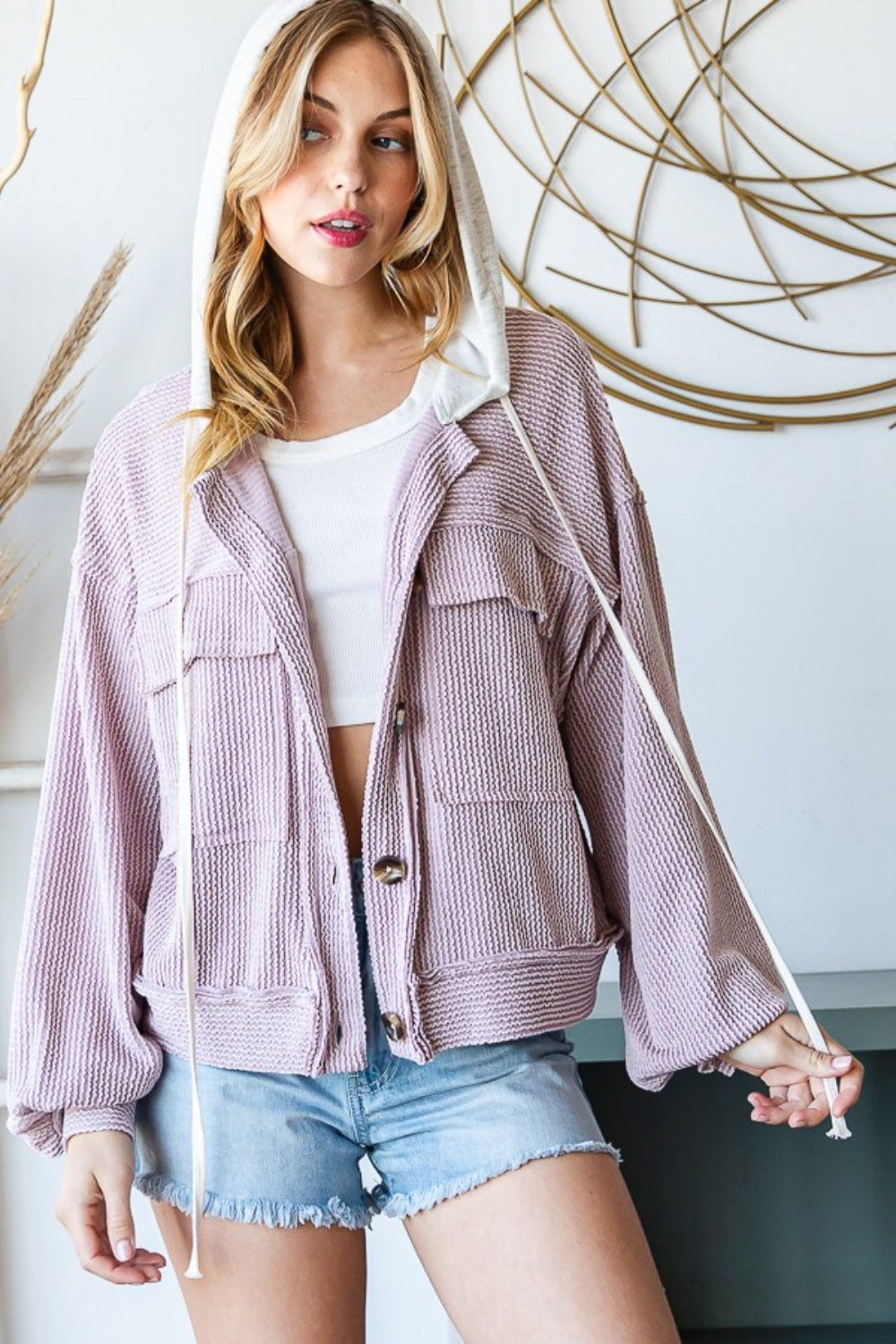 Erika | Reborn J contrast hooded button down ribbed jacket