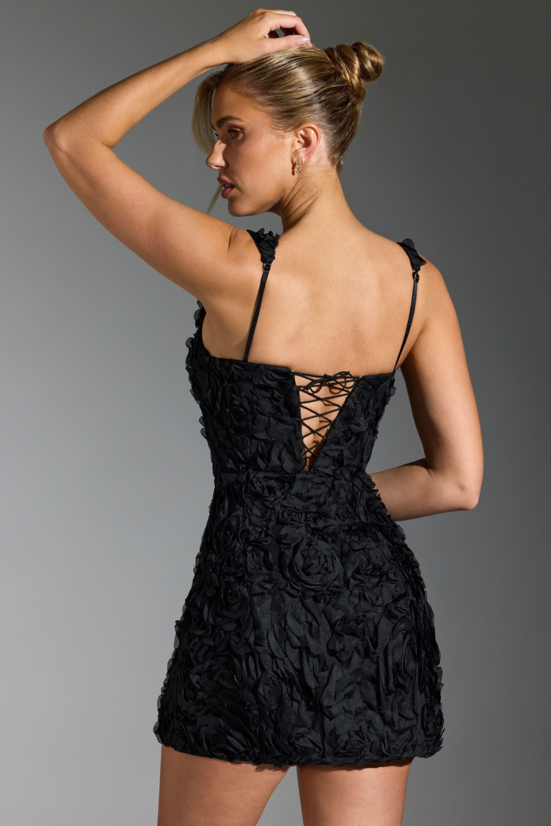 Vania® | Floral Lace-Up Square Neck Mini Dress In Black